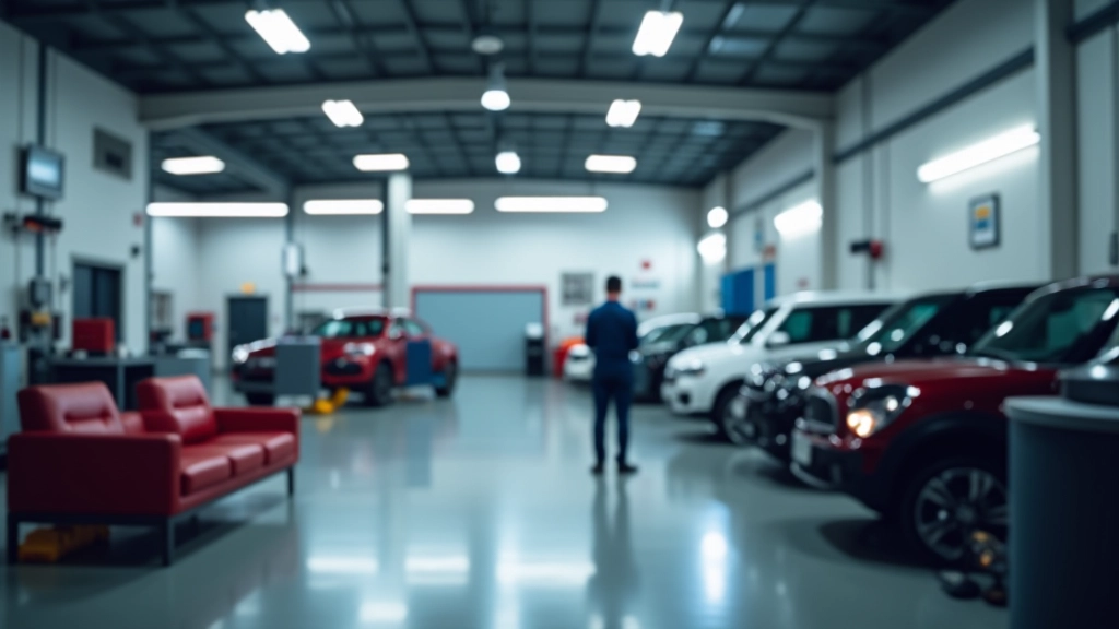 Dealership service center with multiple bays and waiting area showing typical service workflow