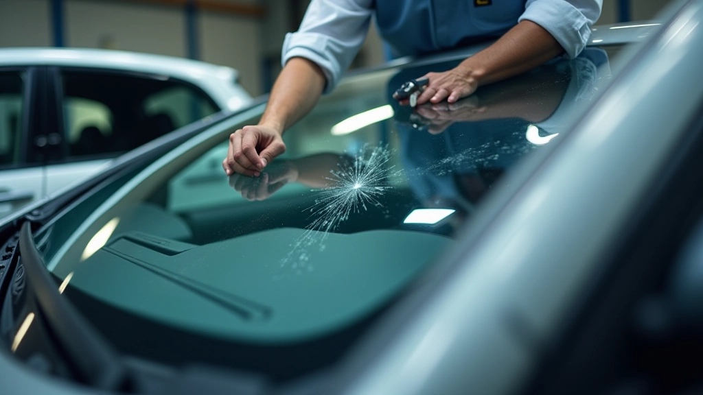 Freshly repaired windscreen with technician pointing out curing time instructions to car owner