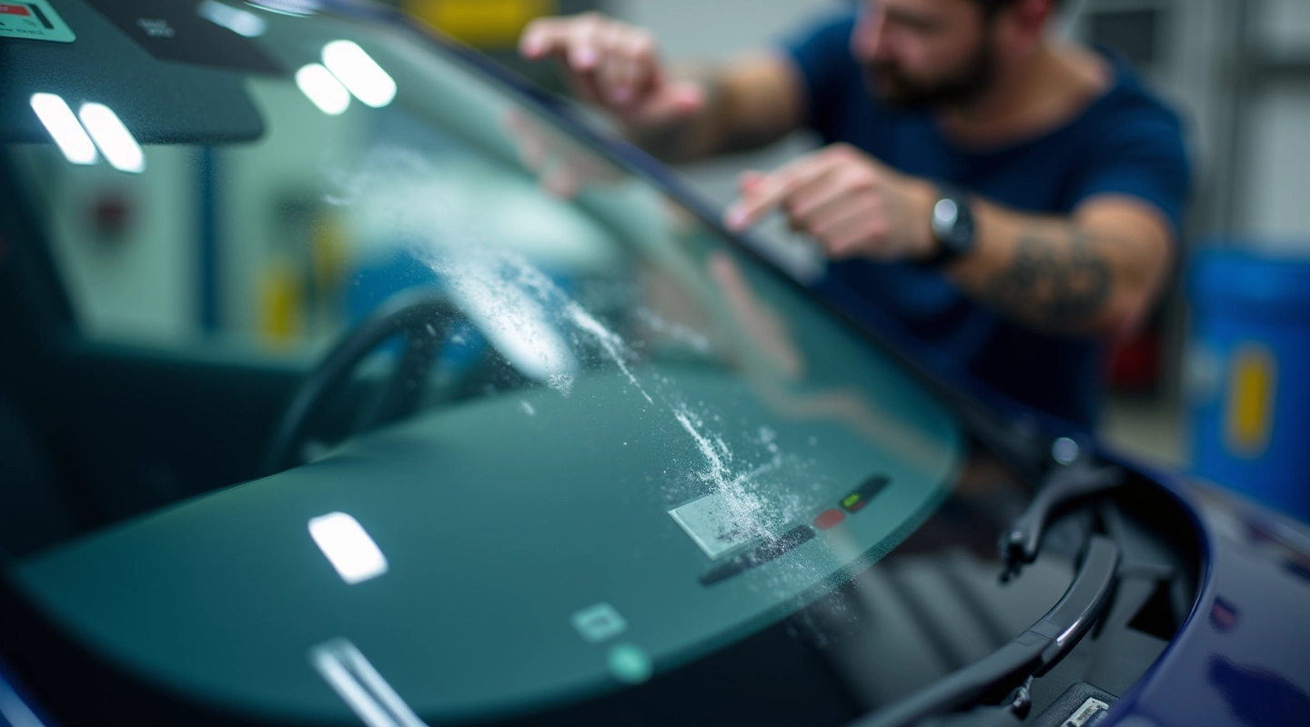 Freshly repaired windscreen with technician applying protective film, close-up of repair area