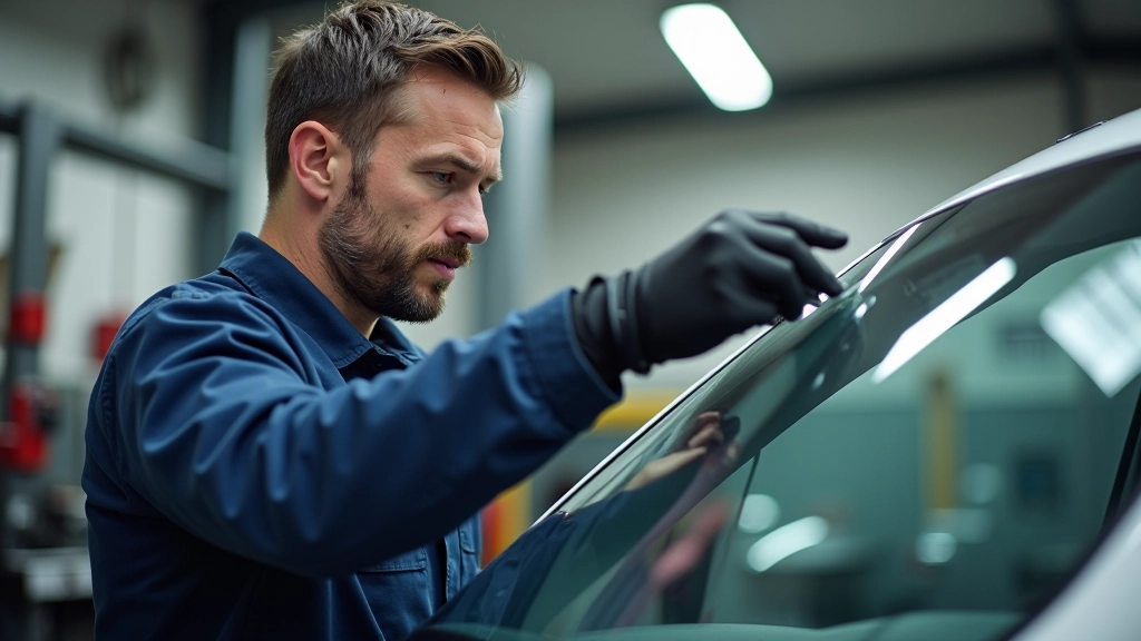 Mechanic examining windscreen chip with measurement tools in bright workshop lighting