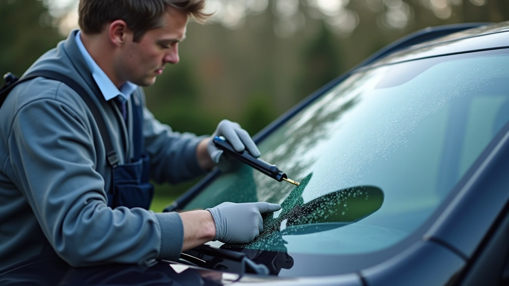 Mobile repair technician working on windscreen with specialized equipment in customer driveway