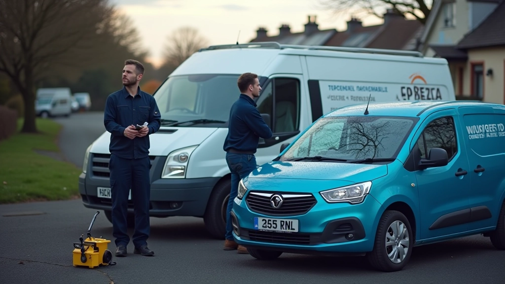 Mobile technician van with equipment beside a parked car