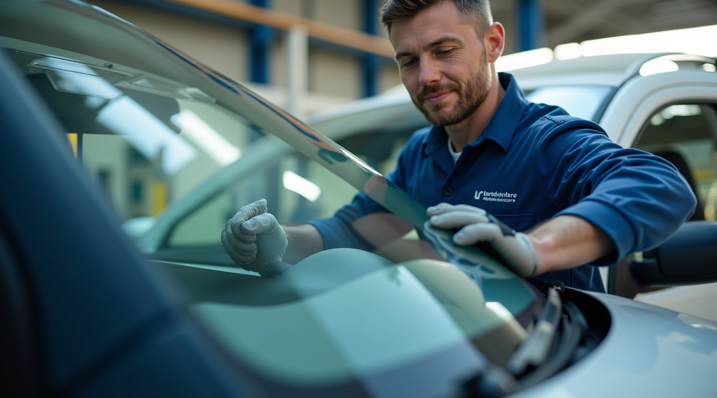 Windscreen repair technician performing chip repair on vehicle