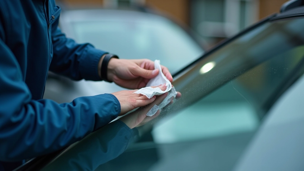 Person carefully handling newly repaired windscreen with protective tape during curing period