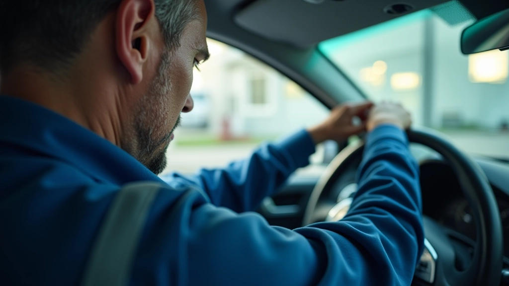 Technician checking quality of newly installed windscreen from inside vehicle