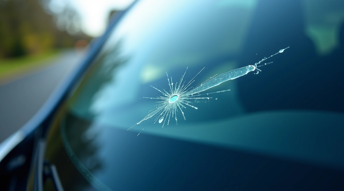 Windscreen chip damage close-up showing impact pattern and severity levels