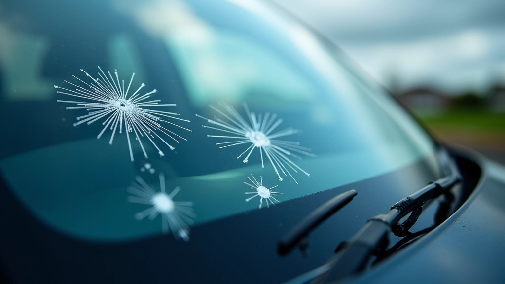 Windscreen showing different types of damage including chips and cracks