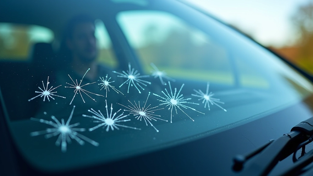 Windscreen showing various types of chips and cracks to identify safety issues